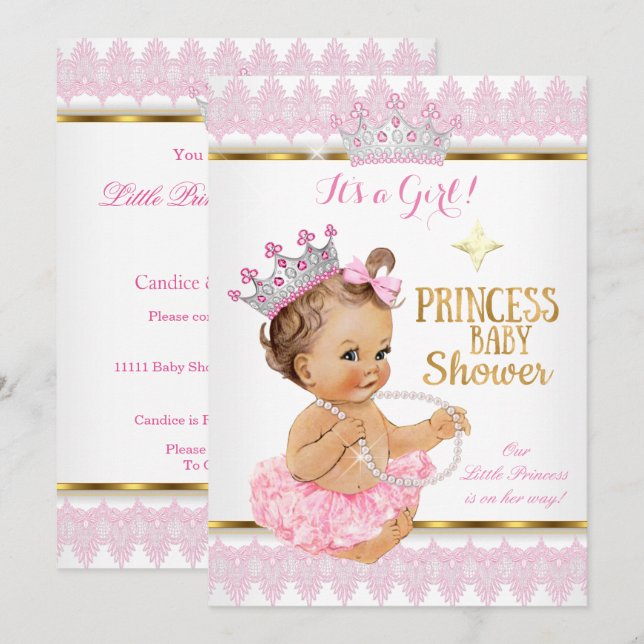 Convite Chá de Bebê Menina Princesa Rosa Dourado Tutu More (Frente/Verso)