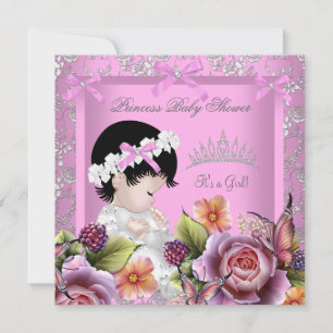 Convite Chá de Bebê Menina Princesa Rosa Tiara Damasco