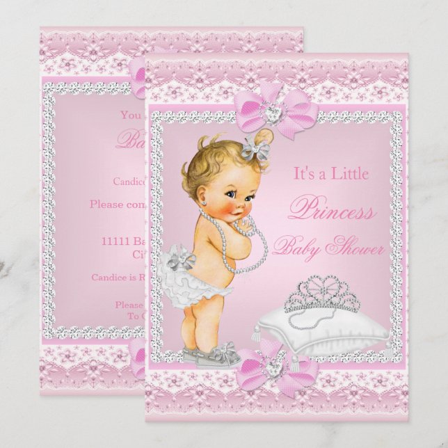 Convite Chá de Bebê Menina Princesa Tiara Rosa Coração Loi (Frente/Verso)