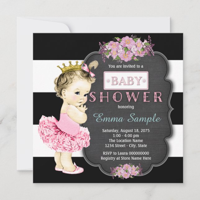 Convite Chá de Bebê Menina Princesa Tutu Quadro Negro (Frente)