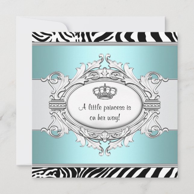 Convite Chá de Bebê Menina Princesa Zebra Azul Turquesa (Frente)
