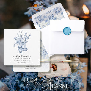Convite Chá de Bebê Menina Quadrado Floral Vintage Azul e