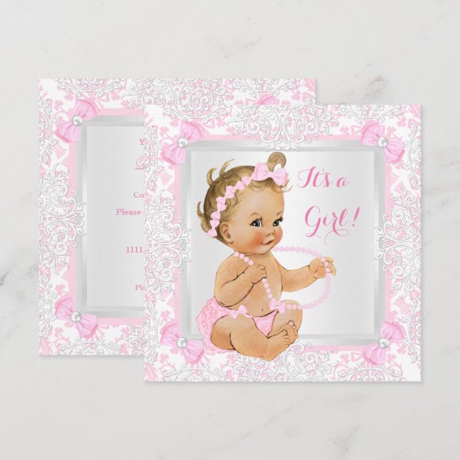 Convite Chá de Bebê Menina Renda Damasco Rosa Loira (Frente/Verso)