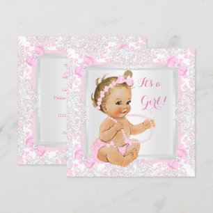 Convite Chá de Bebê Menina Renda Damasco Rosa Loira