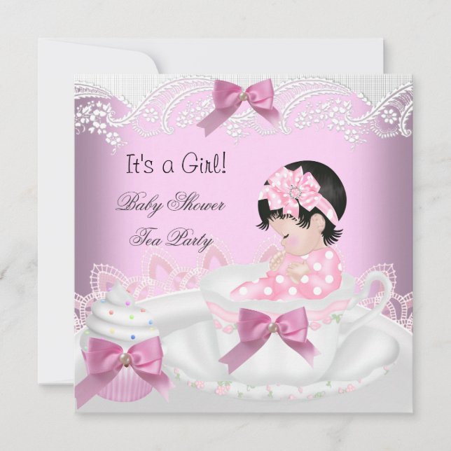 Convite Chá de Bebê Menina Rosa Bebê Xícara Cupcake 2 (Frente)