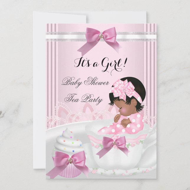 Convite Chá de Bebê Menina Rosa Bebê Xícara Cupcake 4a (Frente)