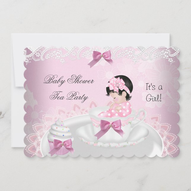 Convite Chá de Bebê Menina Rosa Bebê Xícara Cupcake L2s (Frente)