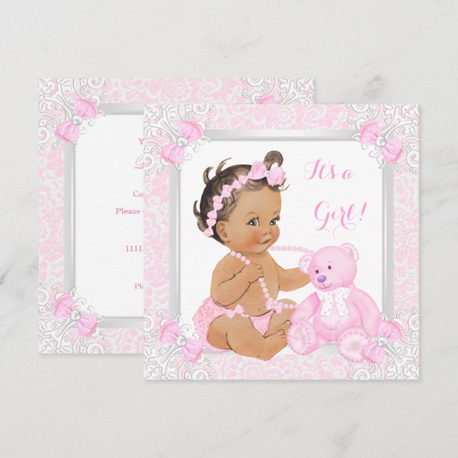 Convite Chá de Bebê Menina Rosa Bonito Urso de Renda Moren (Frente/Verso)