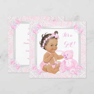 Convite Chá de Bebê Menina Rosa Bonito Urso de Renda Moren