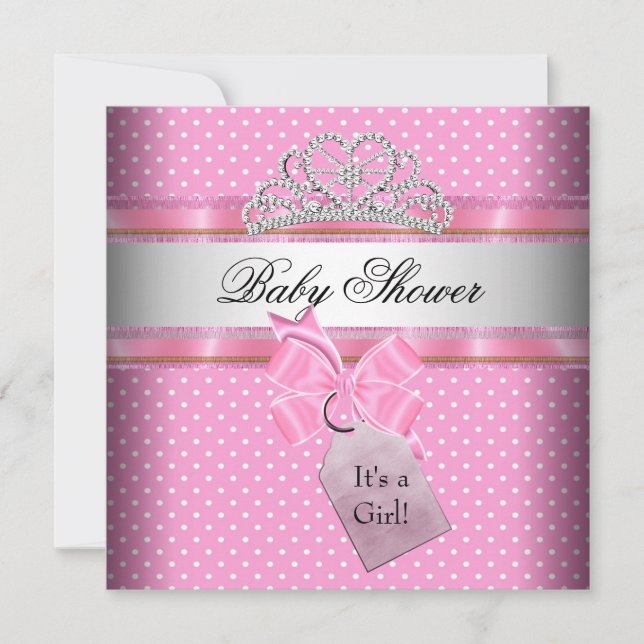 Convite Chá de Bebê Menina Rosa Branco Ponto Princesa (Frente)