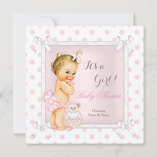 Convite Chá de Bebê Menina Rosa Brinquedo Bolinhas Loura (Frente)