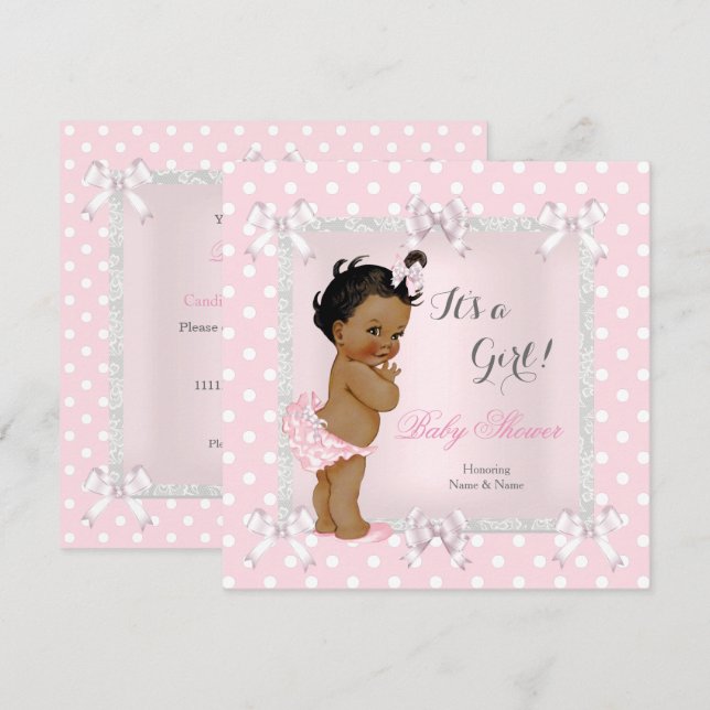 Convite Chá de Bebê Menina Rosa Cinza Étnico (Frente/Verso)