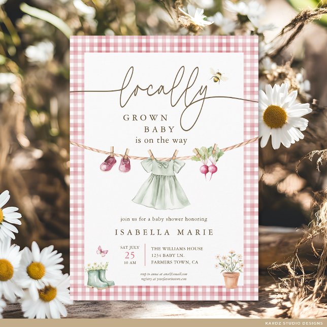 Convite Chá de Bebê Menina Rosa Cultivada Localmente (The front of the baby shower invite is shown at 5x7-inch size. Choose paper, + corner style.)