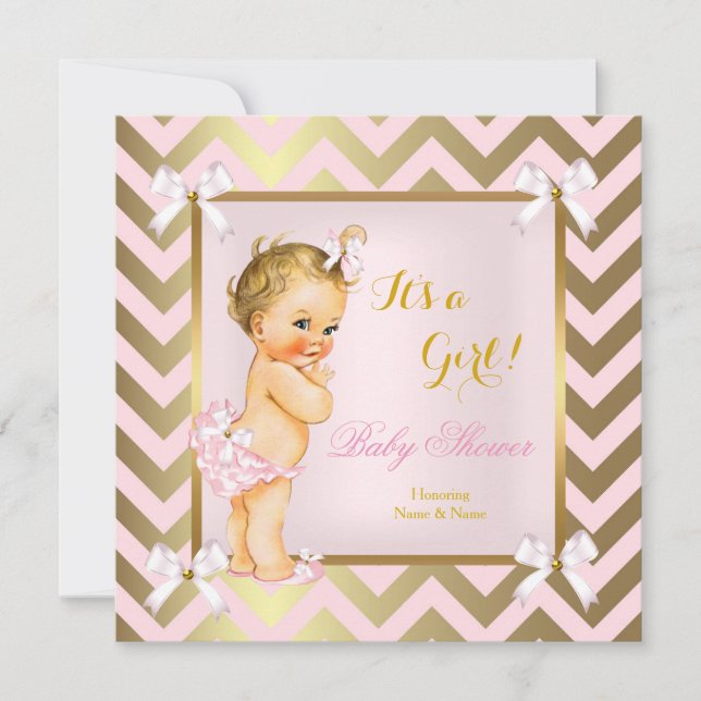 Convite Chá de Bebê Menina Rosa Dourado Chevron Loira (Frente)