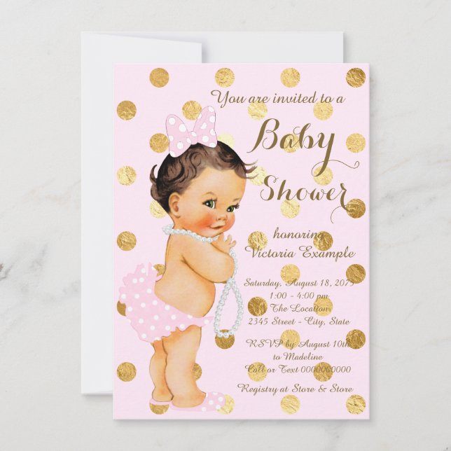 Convite Chá de Bebê Menina Rosa Dourado Pérola (Frente)