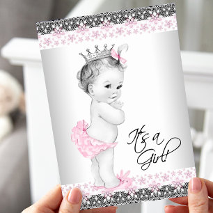 Convite Chá de Bebê Menina Rosa e Cinza Vintage