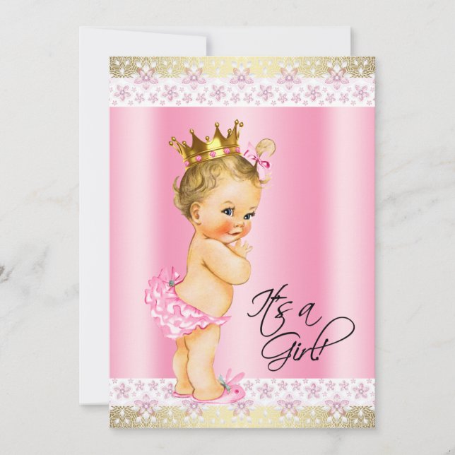 Convite Chá de Bebê Menina Rosa e Dourado Cabelo Loiro (Frente)