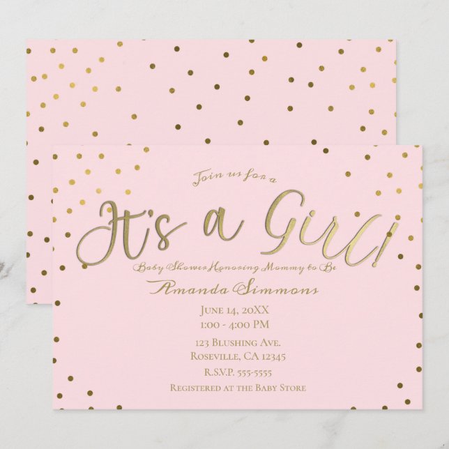 Convite Chá de Bebê Menina Rosa e Dourado Moderno (Frente/Verso)