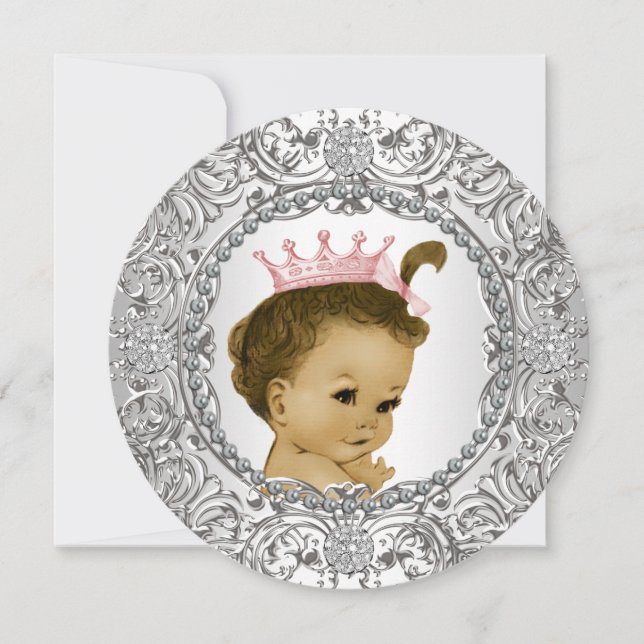 Convite Chá de Bebê Menina Rosa e Prata Fino (Frente)