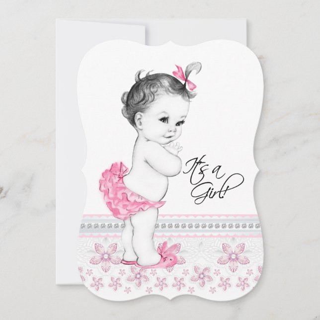 Convite Chá de Bebê Menina Rosa e Preto (Frente)