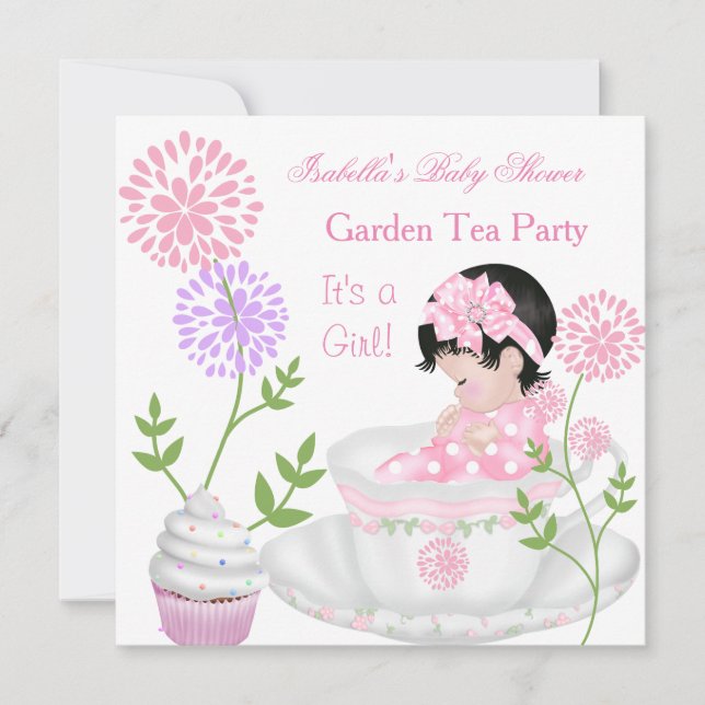 Convite Chá de Bebê Menina Rosa Jardim Festa de Chá (Frente)