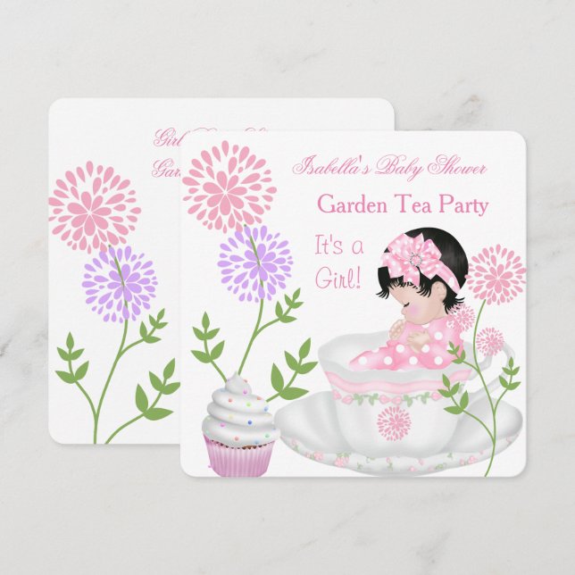 Convite Chá de Bebê Menina Rosa Jardim Festa de Chá (Frente/Verso)