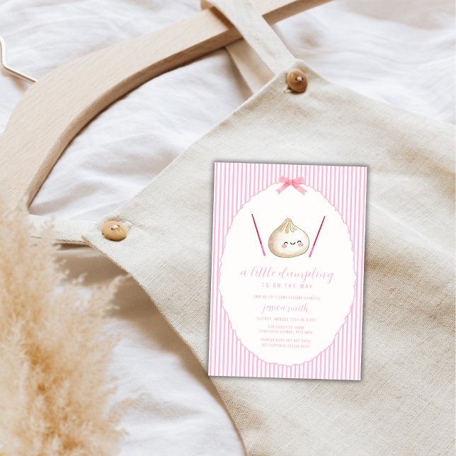 Convite Chá de Bebê Menina Rosa Moderna Arco Asiático  (Pink Modern Girl Bow Asian Dumpling Baby Shower Invitation)