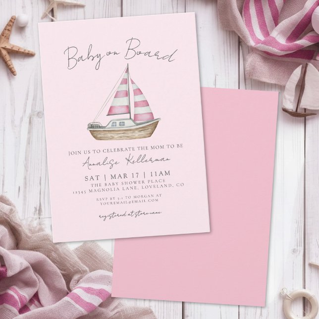 Convite Chá de Bebê Menina Rosa Náutico (Nautical Pink Girl Baby Shower Invitation )