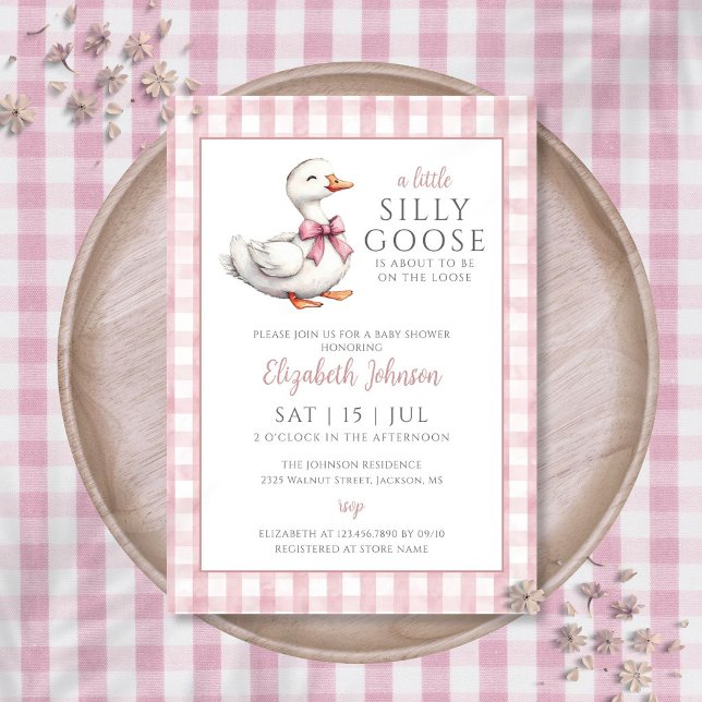 Convite Chá de Bebê Menina Rosa Pequeno Ganso Bobo  (Little Silly Goose Pink Girl Baby Shower Invitation)