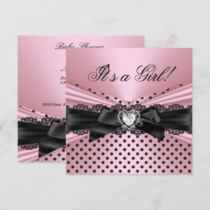 Convite Chá de Bebê Menina Rosa Preto Renda Bolinhas