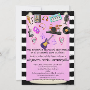 Convite Chá de Bebê Menina Rosa Rock n Roll Espanhol