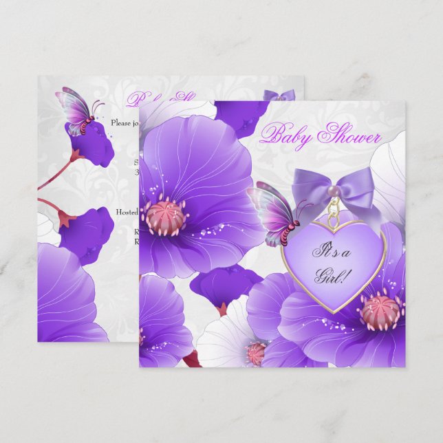 Convite Chá de Bebê Menina Rosa Roxo Borboleta Floral 2 (Frente/Verso)