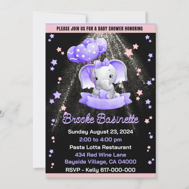 Convite Chá de Bebê Menina Rosa Roxo Elefante Bebê Prata (Frente)