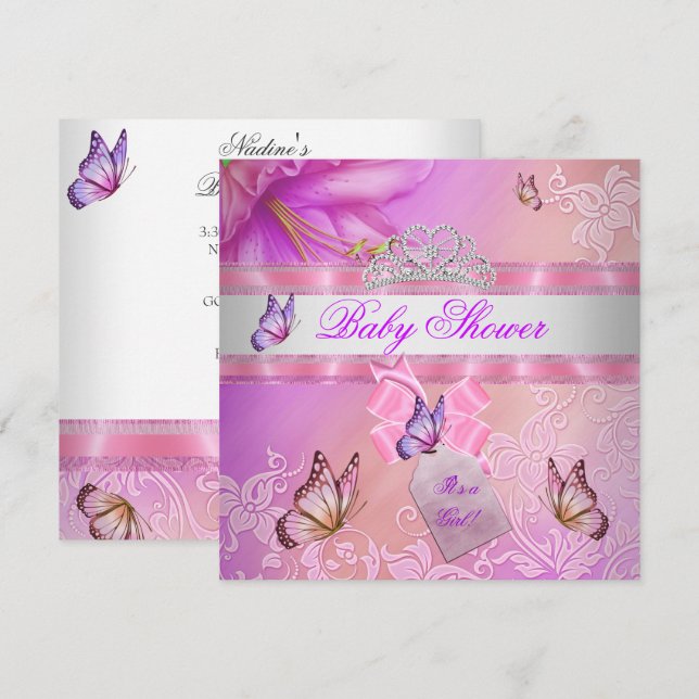 Convite Chá de Bebê Menina Rosa Roxo Princesa Borboleta (Frente/Verso)