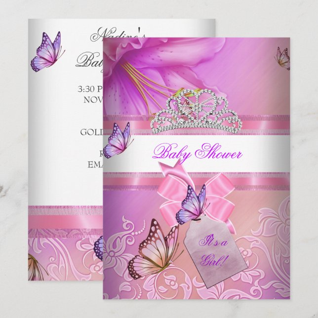 Convite Chá de Bebê Menina Rosa Roxo Princesa Borboleta 2 (Frente/Verso)