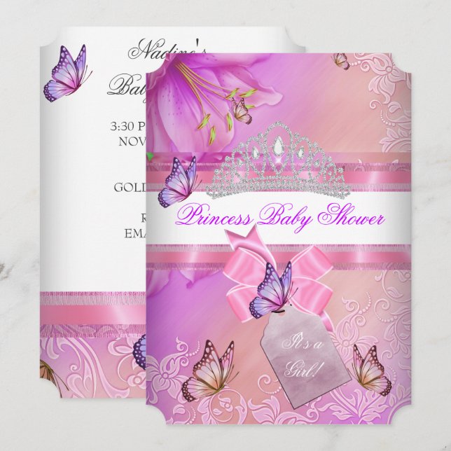 Convite Chá de Bebê Menina Rosa Roxo Princesa Borboleta 3 (Frente/Verso)