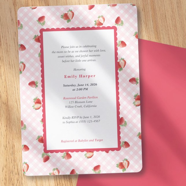 Convite Chá de Bebê Menina Rosa Xadrez Morango (Spring Fruits Themed Baby Shower, Strawberry Pink Gingham-Baby Girl Shower Invitations)