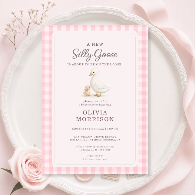 Convite Chá de Bebê Menina Rosa Xadrez Silly Goose (Criador carregado)