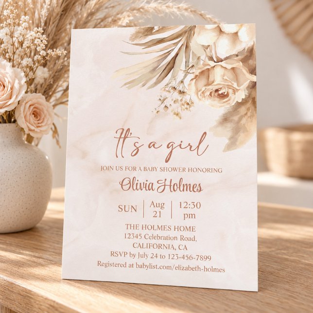 Convite Chá de Bebê Menina Rosas Neutras da Pampa (Neutral Pampas Roses Girl Baby Shower Invitation)