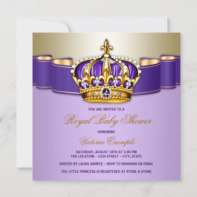 Convite Chá de Bebê Menina Roxo Dourado Real (Frente)