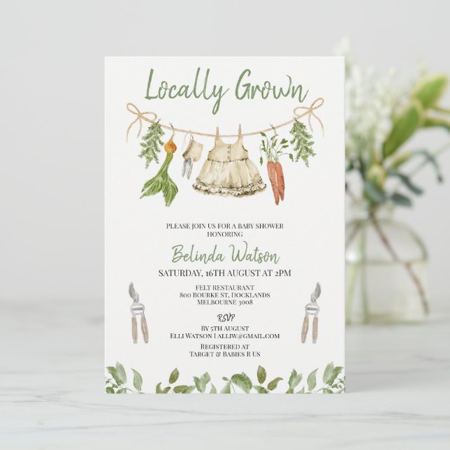 Convite Chá de Bebê Menina Rustic Green Localmente Cultiva (Em pé/Frente)