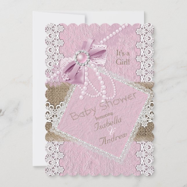 Convite Chá de Bebê Menina Rústico Rosa Laço Renda Burlap  (Frente)