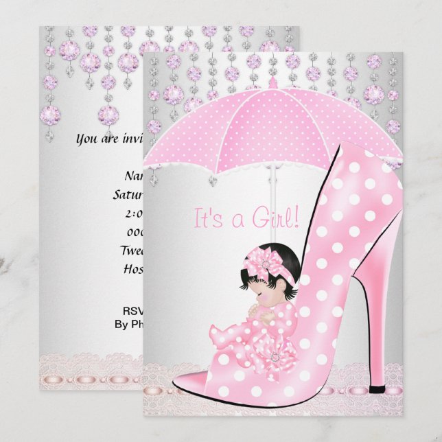 Convite Chá de Bebê Menina Sapato de Bebê Rosa Diamante 2 (Frente/Verso)