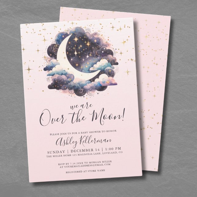 Convite Chá de Bebê Menina Sobre a Lua (Girl Over The Moon Baby Shower Invitation )