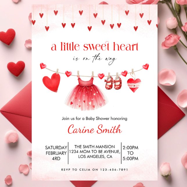 Convite Chá de Bebê Menina Sweetheart Vermelho (Criador carregado)
