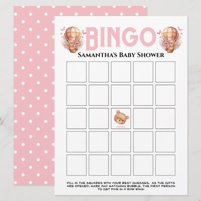 Convite Chá de Bebê Menina Teddy Balão Rosa Bingo (Frente/Verso)