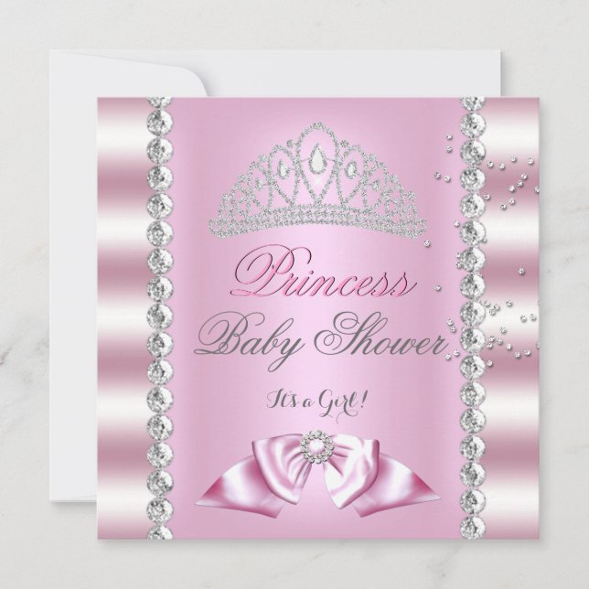 Convite Chá de Bebê Menina Tiara Princesa Rosa Branco Gema (Frente)