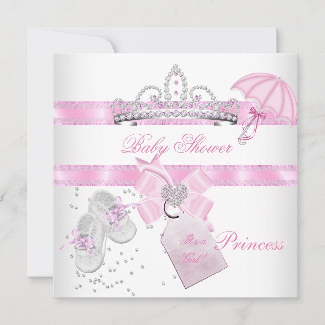 Convite Chá de Bebê Menina Tiara Princesa Rosa Branco Mági (Frente)