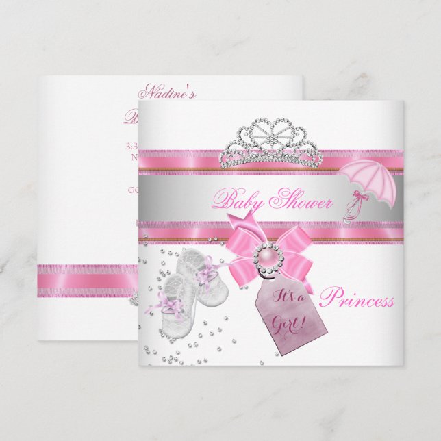 Convite Chá de Bebê Menina Tiara Princesa Rosa Branco Mági (Frente/Verso)