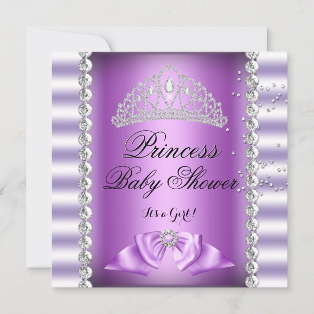 Convite Chá de Bebê Menina Tiara Princesa Roxo Branco Gema (Frente)